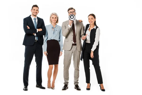 Colegas ejecutivos hablando con megáfono aislado en blanco - foto de stock