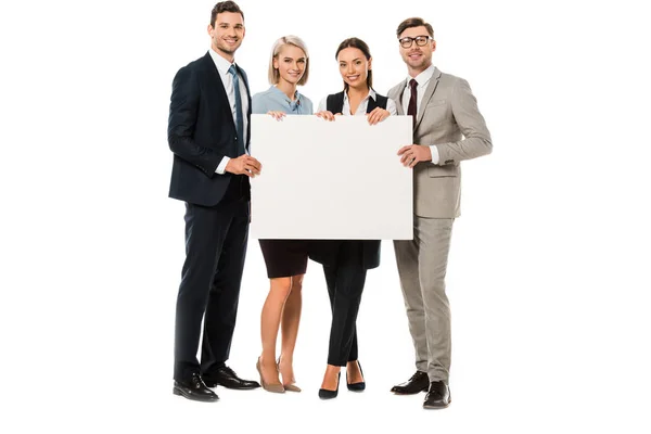 Successful business team holding blank placard isolated on white — Stock Photo