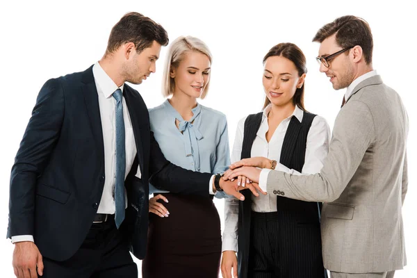 Equipe de negócios profissional unindo as mãos isoladas no branco — Fotografia de Stock