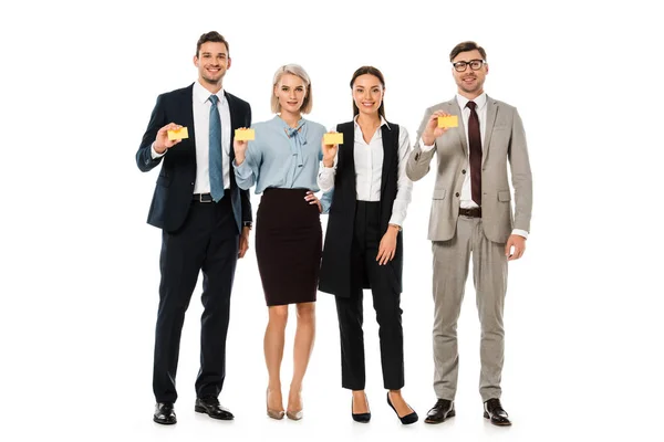 Equipo ejecutivo de negocios con tarjetas de visita vacías aisladas en blanco - foto de stock