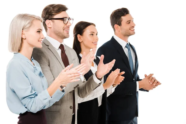 Schöne erfolgreiche applaudierende Geschäftsleute isoliert auf weiß — Stockfoto