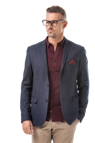 Handsome stylish man in eyeglasses and jacket looking away isolated on white — Stock Photo