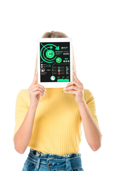 Young woman holding digital tablet with charts on screen isolated on white — Stock Photo