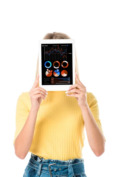 Приваблива молода жінка тримає цифровий планшет з графіками на екрані ізольовано на білому — стокове фото
