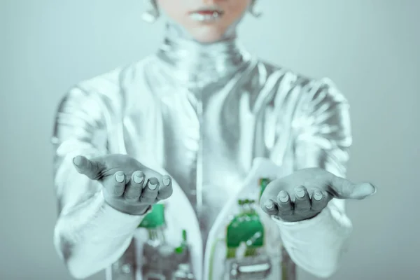 Close-up view of robot hands isolated on grey, future technology concept — Stock Photo