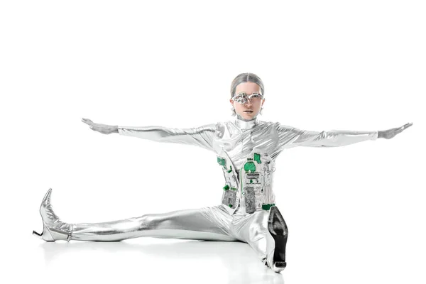 Silver robot sitting with open arms isolated on white, future technology concept — Stock Photo