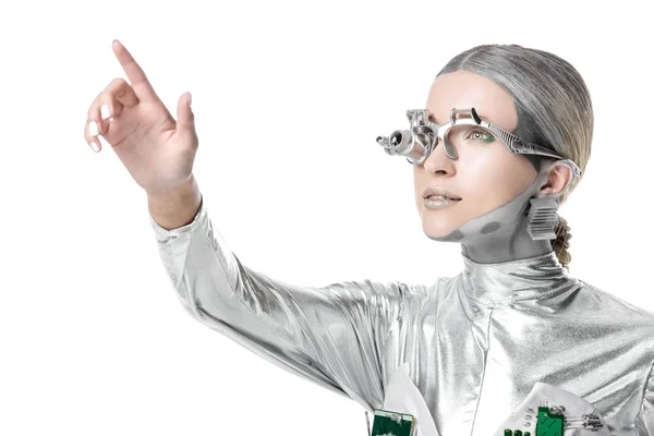 Portrait of silver cyborg touching something isolated on white, future technology concept — Stock Photo