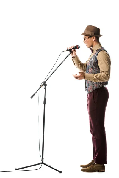 Seitenansicht eines gemischten Rasse männlichen Musikers mit Hut singt in Mikrofon isoliert auf weiß — Stockfoto