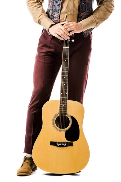 Cropped shot of stylish male musician posing with acoustic guitar isolated on white — Stock Photo