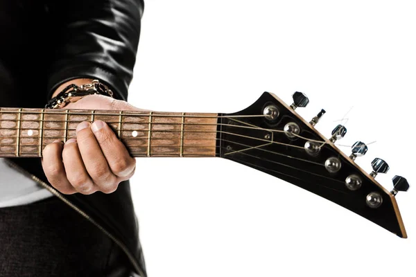 Cropped image of male rock musician in leather jacket playing on electric guitar isolated on white — Stock Photo