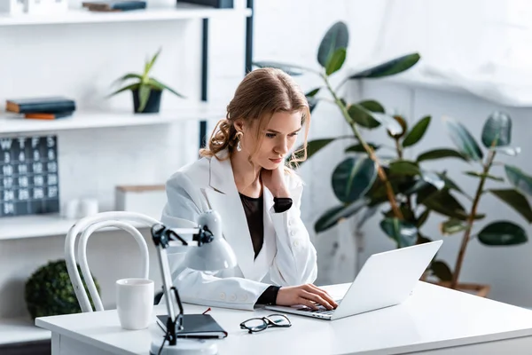 Mujer de negocios enfocada en ropa formal sentada en el escritorio y usando computadora portátil en el lugar de trabajo - foto de stock