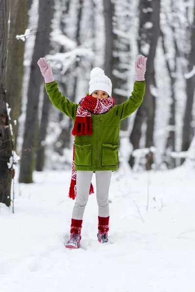Афроамериканська дитина в теплому одязі з піднятими руками дивиться на камеру в зимовому парку — стокове фото