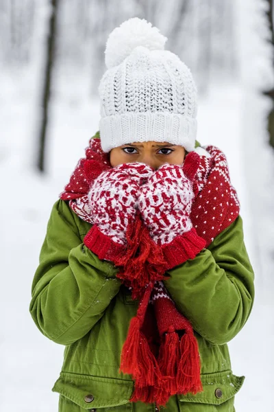 Bambino afroamericano congelato in maglia cappello, guanti e sciarpa guardando la fotocamera nel parco invernale — Foto stock