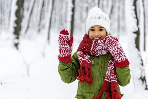 Niño afroamericano en ropa de abrigo sonriendo, saludando con la mano y mirando a la cámara en el parque de invierno - foto de stock