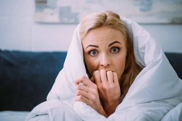Mujer asustada cubierta de manta mordiendo la mano y mirando a la cámara en la cama - foto de stock