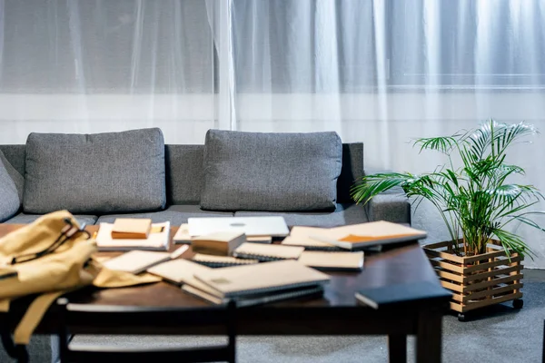 Focus selettivo dei libri sul tavolo in salotto con divano e pianta — Foto stock