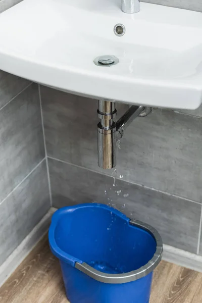 Tubería de fregadero dañada con gotas de agua y cubo azul - foto de stock