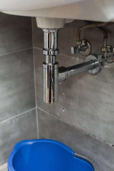 Cubo azul de pie en el baño bajo tubería de fugas - foto de stock