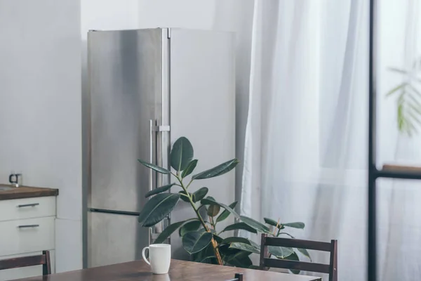 Mesa de madera con taza blanca, nevera y planta verde en la cocina - foto de stock