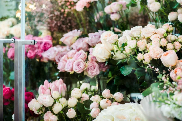 Variedad de flores frescas de colores en la tienda de flores - foto de stock