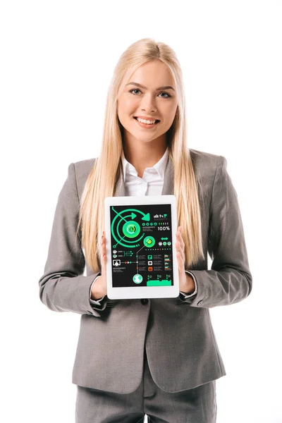 Smiling blonde businesswoman showing digital tablet with infographic app, isolated on white — Stock Photo