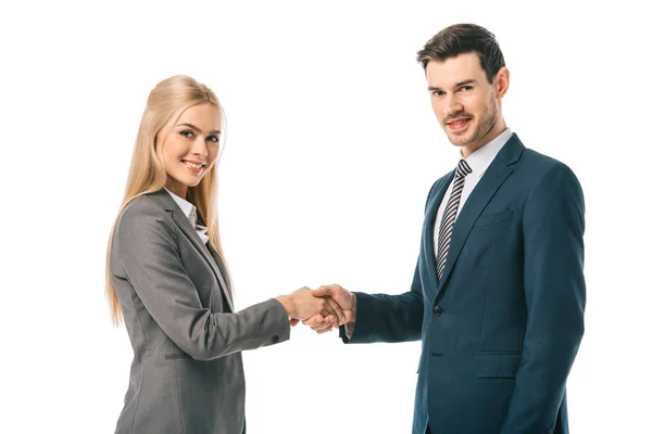 Schöner Geschäftsmann und schöne Geschäftsfrau schütteln Hände und machen Deal isoliert auf weiß — Stockfoto
