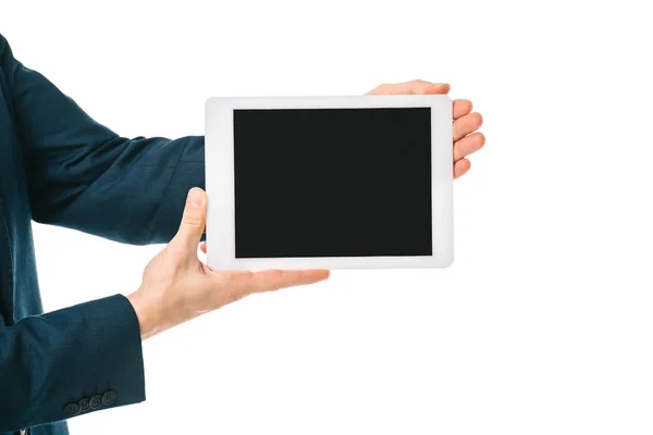 Partial view of businessman showing digital tablet with blank screen isolated on white — Stock Photo