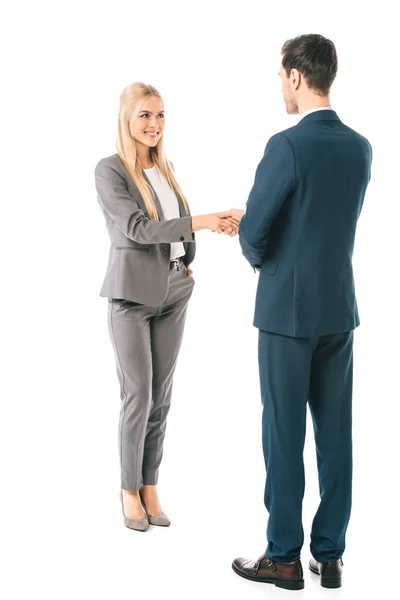 Businesspeople in suits shaking hands and making deal isolated on white — Stock Photo