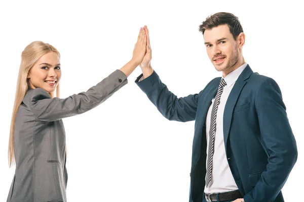 Successful businesspeople giving highfive isolated on white — Stock Photo