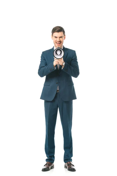 Angry businessman in suit yelling with megaphone isolated on white — Stock Photo