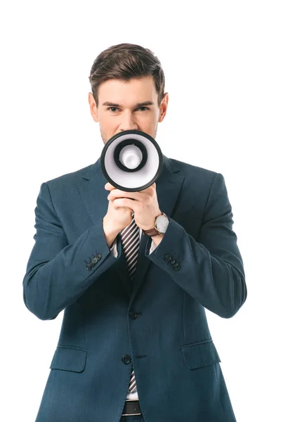 Handsome businessman shouting with megaphone isolated on white — Stock Photo