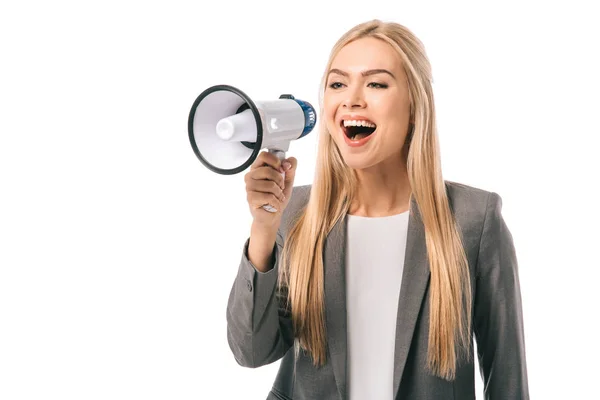 Glücklich emotionale Geschäftsfrau schreit mit Megafon, isoliert auf weiß — Stockfoto