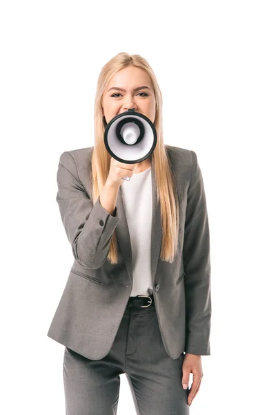 Emotional businesswoman in suit screaming into megaphone, isolated on white — Stock Photo
