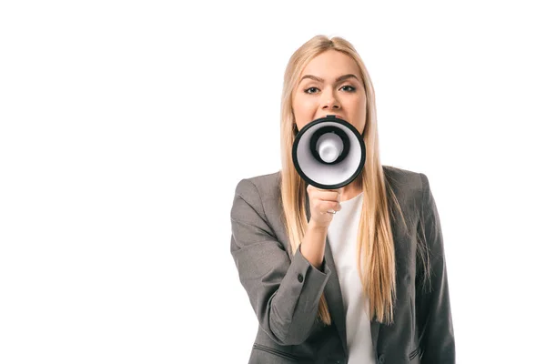 Angry female boss yelling into megaphone, isolated on white — Stock Photo