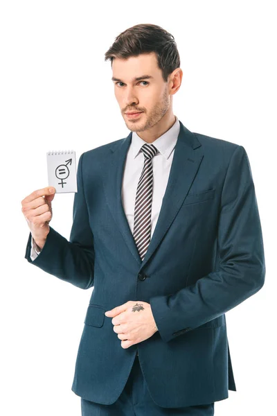 Executive businessman holding gender equality symbol, isolated on white — Stock Photo