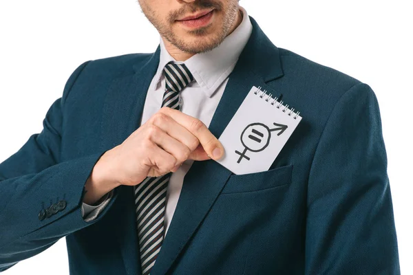 Обрезанный взгляд бизнесмена с символом гендерного равенства в костюме, изолированный на белом — стоковое фото