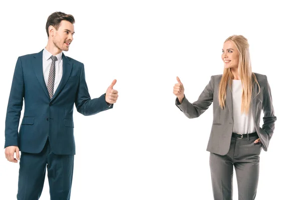 Веселий бізнесмен і бізнес-леді показують великі пальці вгору, ізольовані на білому — стокове фото