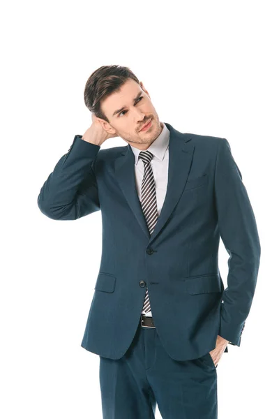 Bell'uomo d'affari in giacca e cravatta pensando isolato su bianco — Foto stock