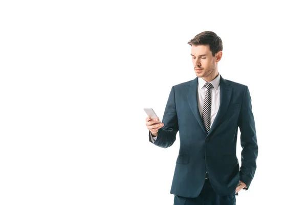 Corporate businessman using smartphone isolated on white — Stock Photo