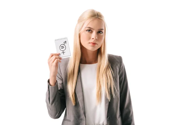 Attractive businesswoman holding gender equality sign, isolated on white — Stock Photo