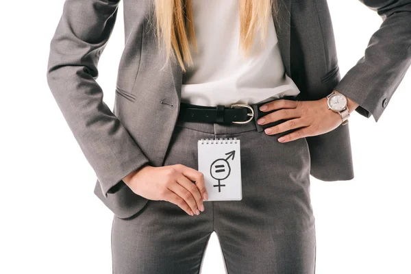 Cropped view of female leader holding gender equality sign, isolated on white — Stock Photo