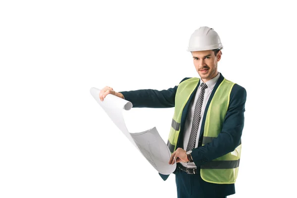 Engenheiro masculino em capacete e colete de segurança segurando planta, isolado em branco — Fotografia de Stock