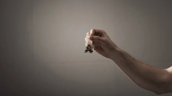 Visão parcial do homem segurando pacote com maconha no fundo cinza — Fotografia de Stock