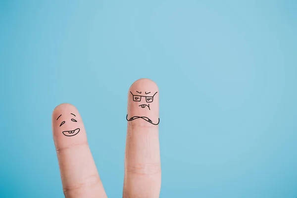 Cropped view of funny couple of fingers isolated on blue — Stock Photo