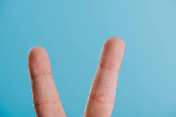 Cropped view of fingers with victory sign isolated on blue — Stock Photo