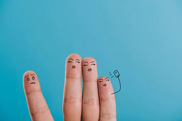 Cropped view of fingers taking selfie isolated on blue — Stock Photo