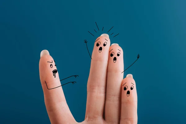 Cropped view of scared yelling fingers and zombie isolated on blue — Stock Photo