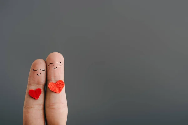 Cropped view of happy couple of fingers with closed eyes isolated on grey, valentines day concept — Stock Photo