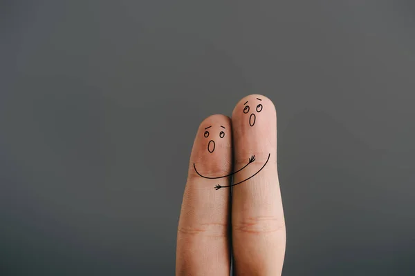 Cropped view of frightened couple of fingers hugging and screaming isolated on grey — Stock Photo