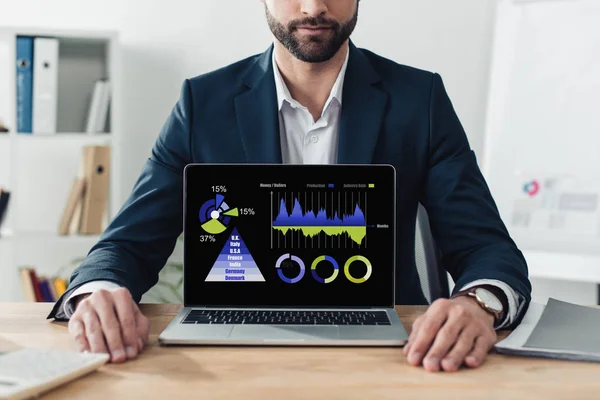 Cropped view of advisor in suit showing laptop with rate website on screen — Stock Photo